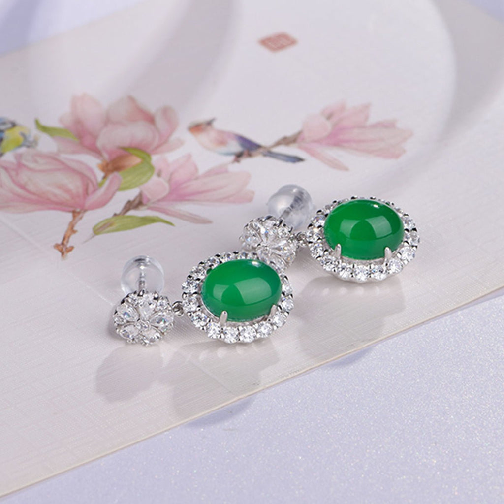S925 Sterling Silver Dangle Earrings, 8x10mm Oval Green Chrysoprase, Platinum Plated Halo Drop Earrings For Women, Elegant Jewelry Gift Box Set - IVOIRART.COM