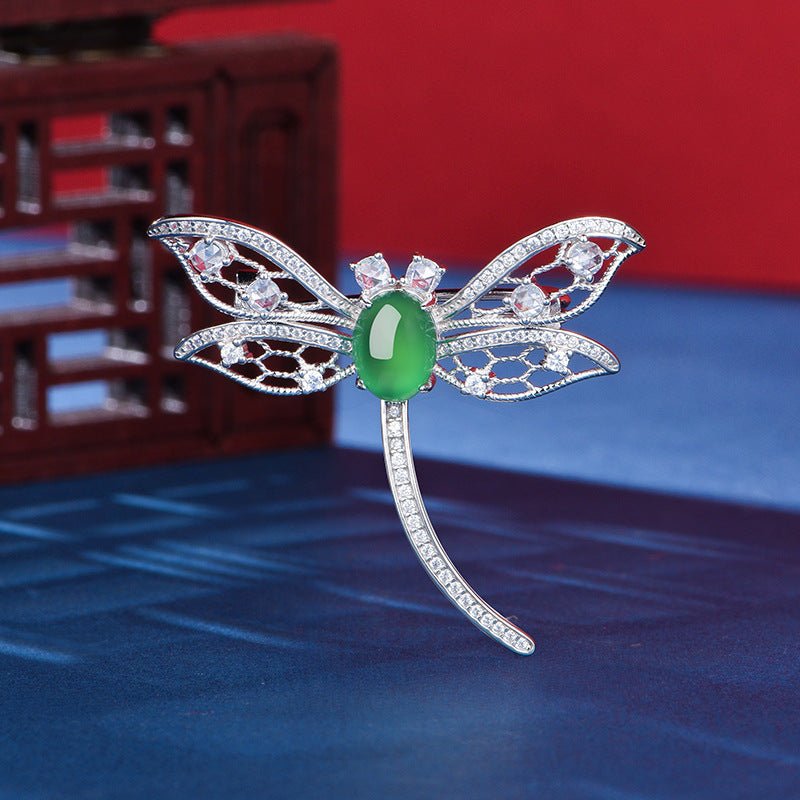 S925 Sterling Silver Dragonfly Brooch, 8x6mm Cabochon Green Chrysoprase, Platinum Plated 3.9g, Elegant Women's Brooch Pin With Gift Box - IVOIRART.COM
