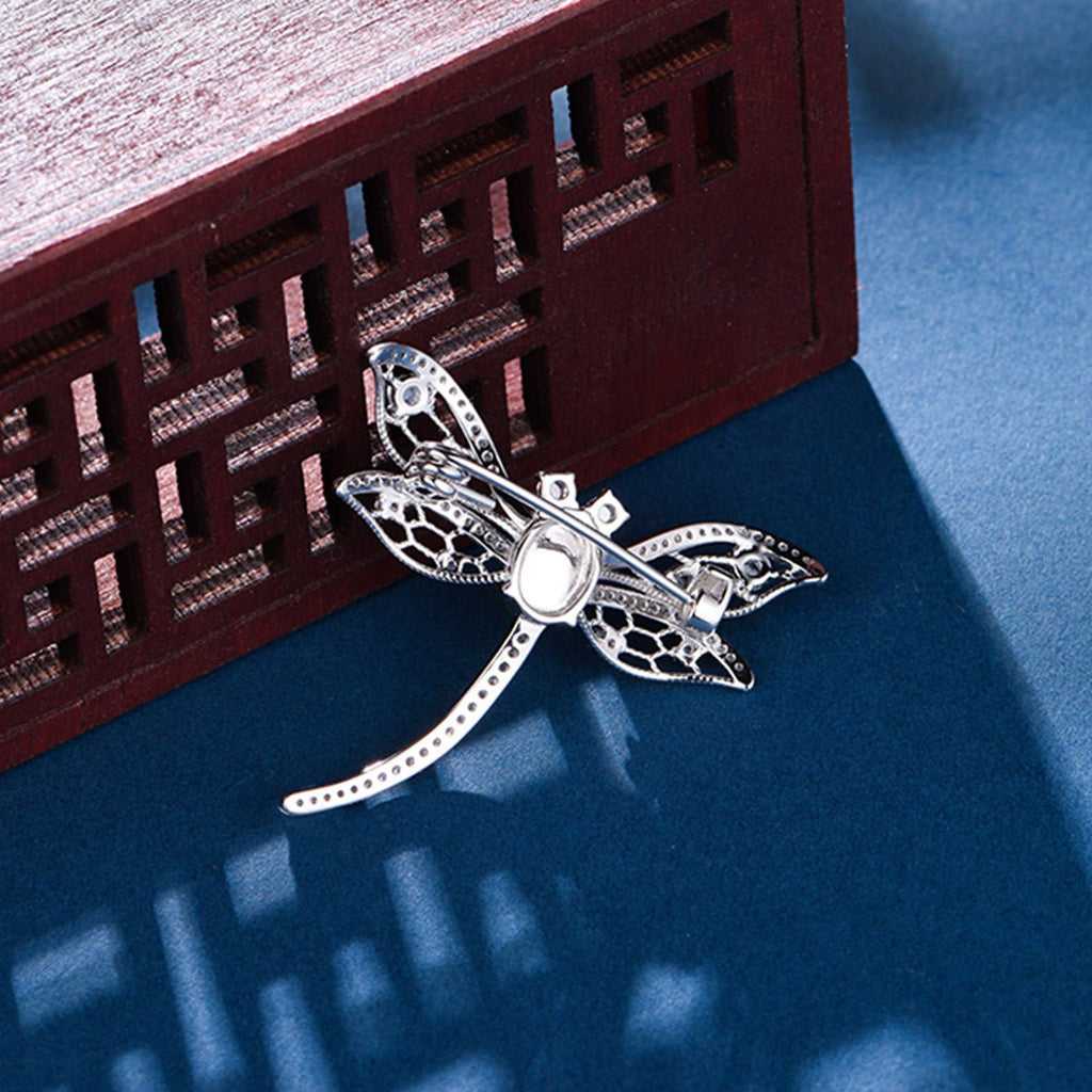 S925 Sterling Silver Dragonfly Brooch, 8x6mm Cabochon Green Chrysoprase, Platinum Plated 3.9g, Elegant Women's Brooch Pin With Gift Box - IVOIRART.COM