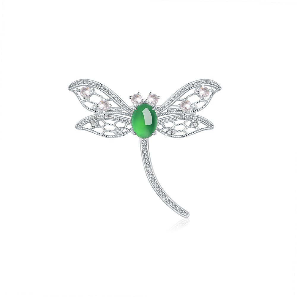 S925 Sterling Silver Dragonfly Brooch, 8x6mm Cabochon Green Chrysoprase, Platinum Plated 3.9g, Elegant Women's Brooch Pin With Gift Box - IVOIRART.COM