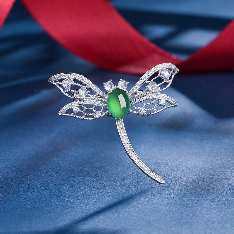 S925 Sterling Silver Dragonfly Brooch, 8x6mm Cabochon Green Chrysoprase, Platinum Plated 3.9g, Elegant Women's Brooch Pin With Gift Box - IVOIRART.COM