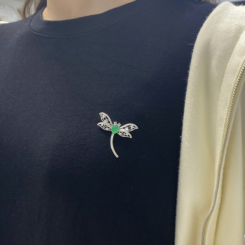 S925 Sterling Silver Dragonfly Brooch, 8x6mm Cabochon Green Chrysoprase, Platinum Plated 3.9g, Elegant Women's Brooch Pin With Gift Box - IVOIRART.COM