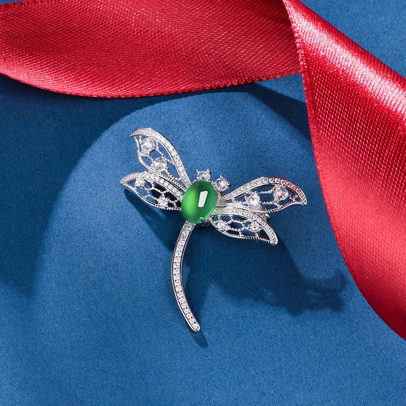 S925 Sterling Silver Dragonfly Brooch, 8x6mm Cabochon Green Chrysoprase, Platinum Plated 3.9g, Elegant Women's Brooch Pin With Gift Box - IVOIRART.COM