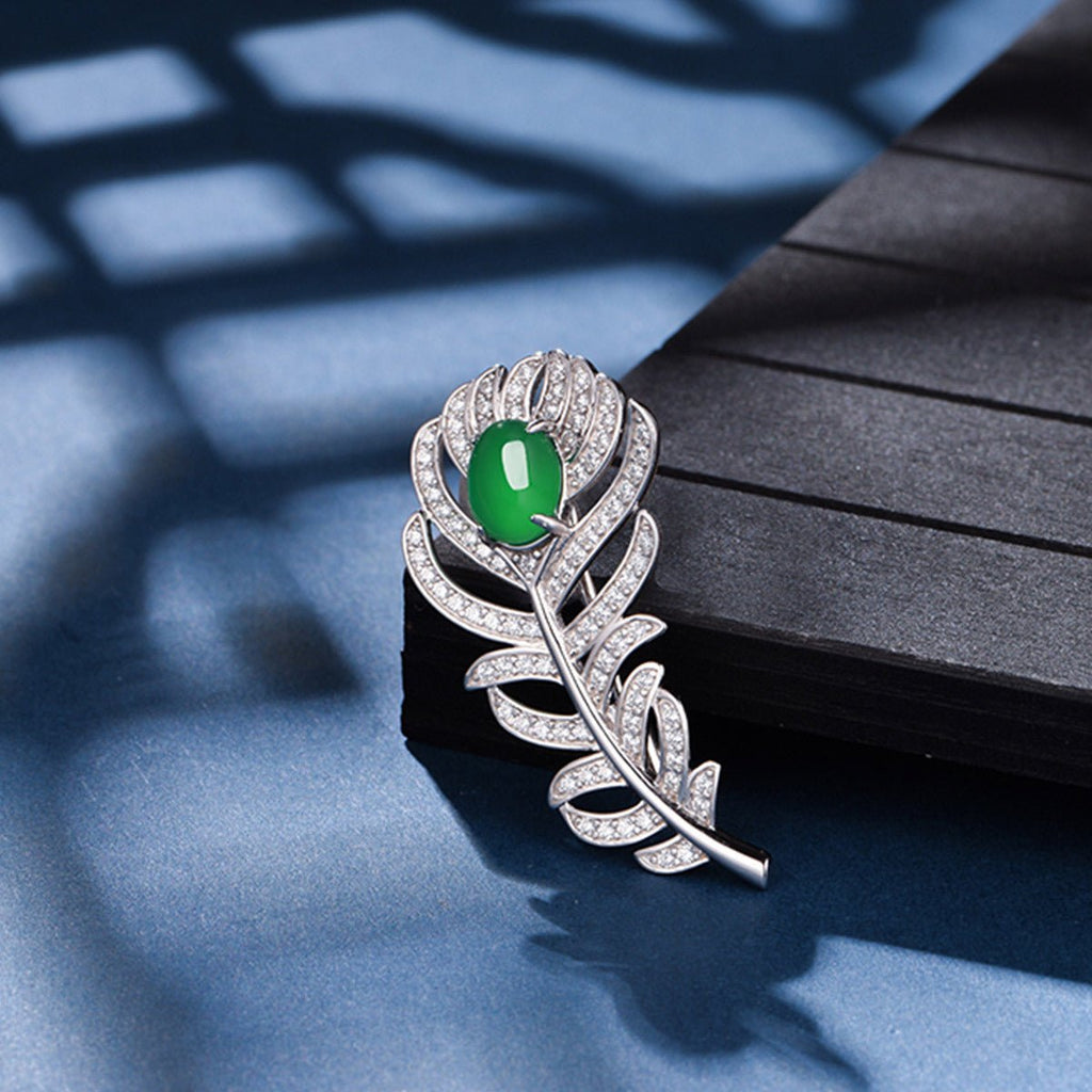 S925 Sterling Silver Feather Brooch, 8x6mm Cabochon Green Chrysoprase, Platinum Plated 4.6g, Elegant Leaf Brooch Pin For Women With Gift Box - IVOIRART.COM
