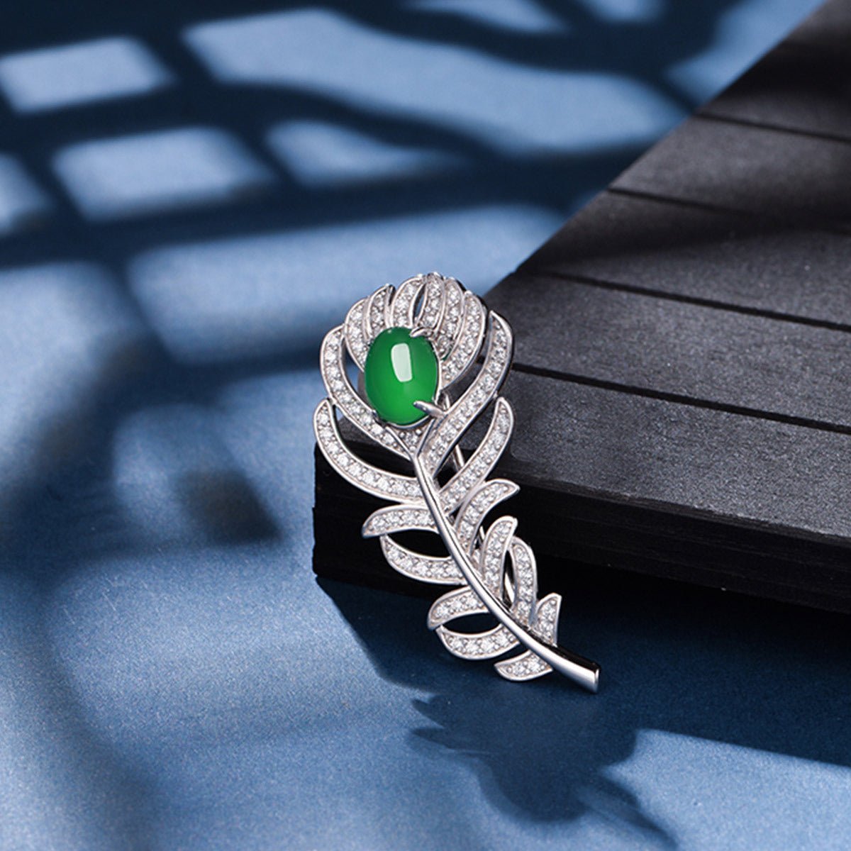 S925 Sterling Silver Feather Brooch, 8x6mm Cabochon Green Chrysoprase, Platinum Plated 4.6g, Elegant Leaf Brooch Pin For Women With Gift Box - IVOIRART.COM