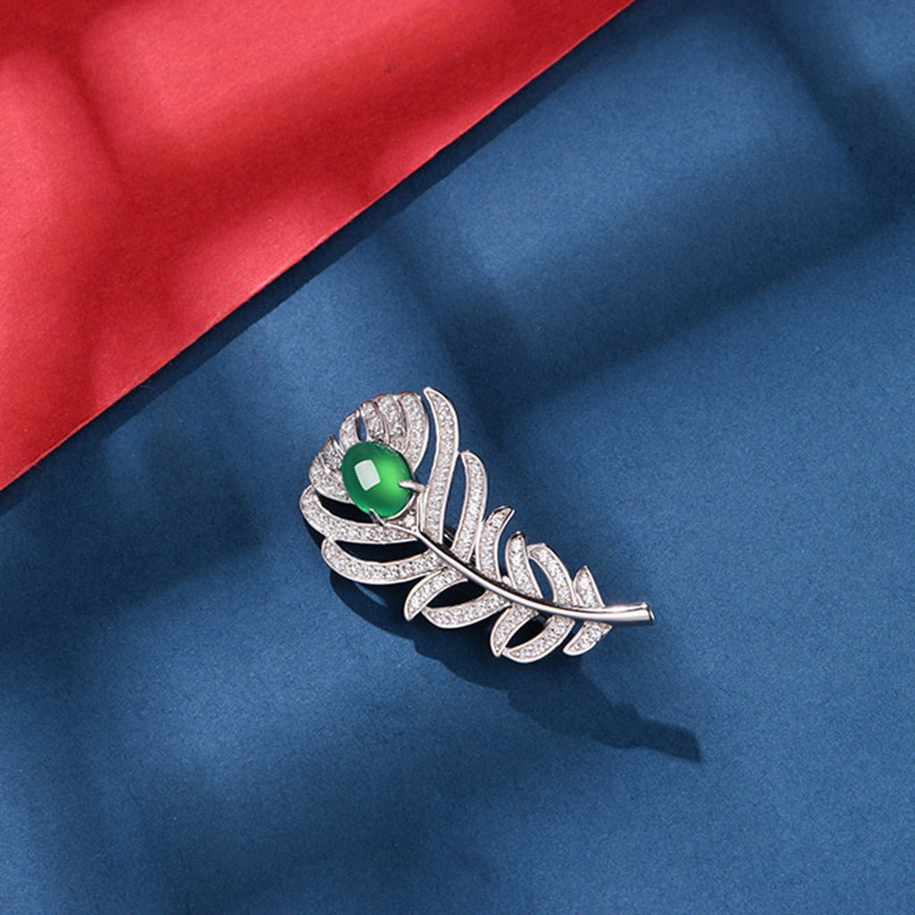S925 Sterling Silver Feather Brooch, 8x6mm Cabochon Green Chrysoprase, Platinum Plated 4.6g, Elegant Leaf Brooch Pin For Women With Gift Box - IVOIRART.COM