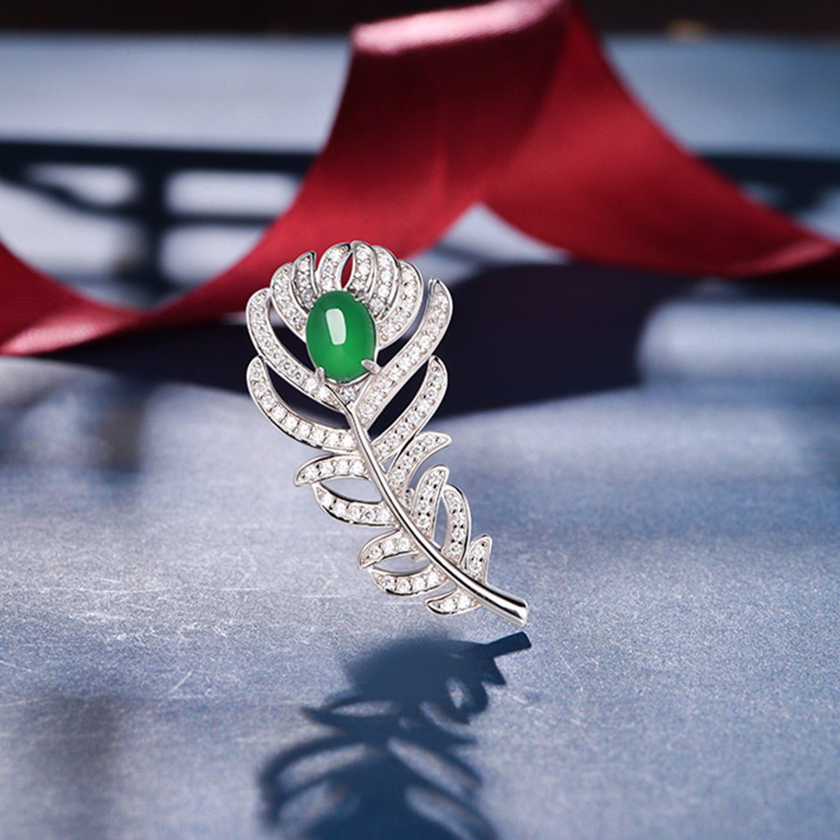 S925 Sterling Silver Feather Brooch, 8x6mm Cabochon Green Chrysoprase, Platinum Plated 4.6g, Elegant Leaf Brooch Pin For Women With Gift Box - IVOIRART.COM