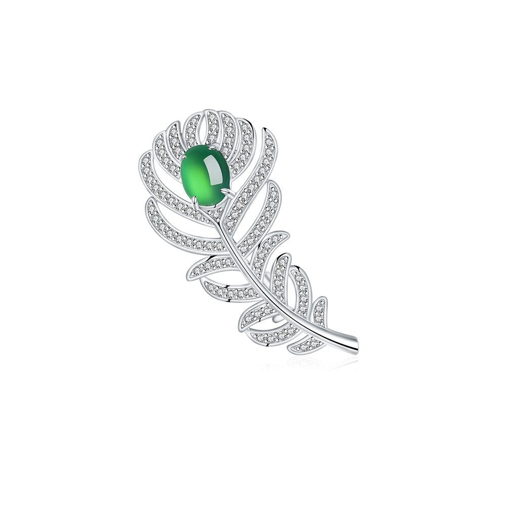 S925 Sterling Silver Feather Brooch, 8x6mm Cabochon Green Chrysoprase, Platinum Plated 4.6g, Elegant Leaf Brooch Pin For Women With Gift Box - IVOIRART.COM