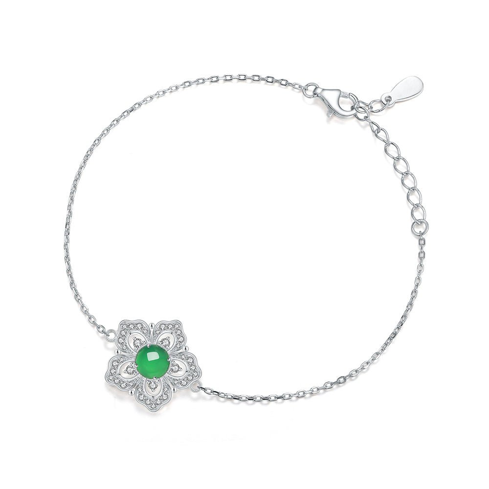 S925 Sterling Silver Flower Clover Bracelet, 6mm Round Green Chrysoprase, Platinum Plated 19cm Adjustable Chain, 2.4g Elegant Women's Jewelry Gift Box - IVOIRART.COM