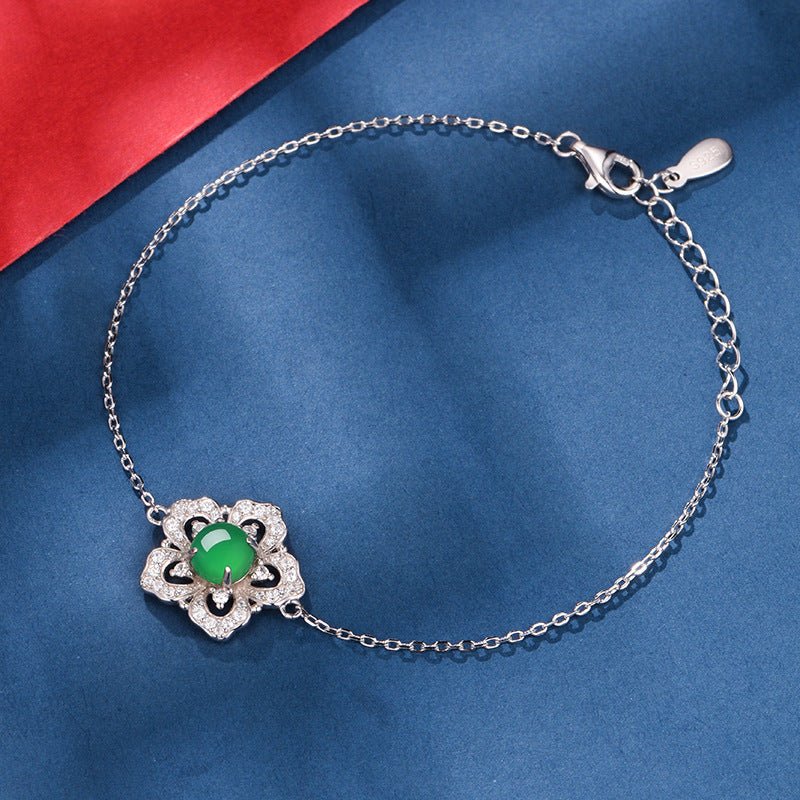 S925 Sterling Silver Flower Clover Bracelet, 6mm Round Green Chrysoprase, Platinum Plated 19cm Adjustable Chain, 2.4g Elegant Women's Jewelry Gift Box - IVOIRART.COM