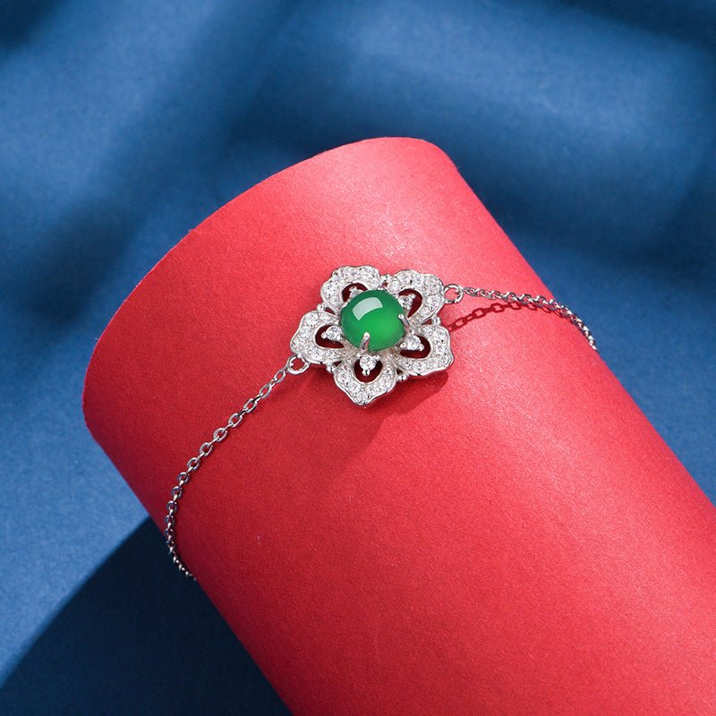 S925 Sterling Silver Flower Clover Bracelet, 6mm Round Green Chrysoprase, Platinum Plated 19cm Adjustable Chain, 2.4g Elegant Women's Jewelry Gift Box - IVOIRART.COM