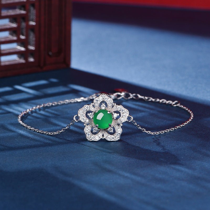 S925 Sterling Silver Flower Clover Bracelet, 6mm Round Green Chrysoprase, Platinum Plated 19cm Adjustable Chain, 2.4g Elegant Women's Jewelry Gift Box - IVOIRART.COM