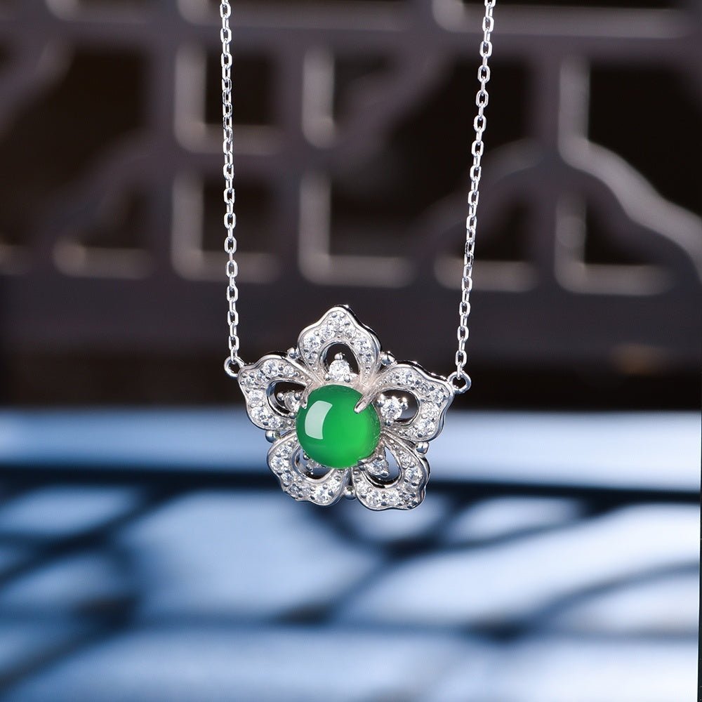 S925 Sterling Silver Flower Clover Necklace, 8mm Round Green Chrysoprase Pendant, Platinum Plated 45cm Chain, 4.5g Elegant Women's Jewelry Gift Set - IVOIRART.COM