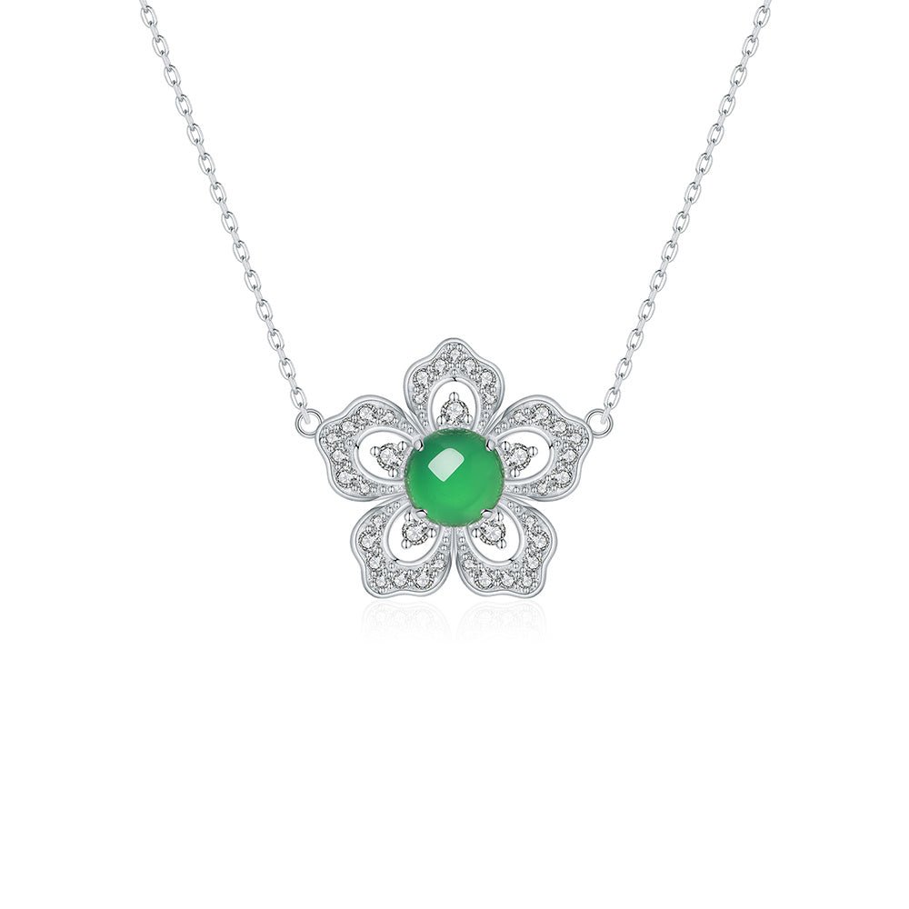 S925 Sterling Silver Flower Clover Necklace, 8mm Round Green Chrysoprase Pendant, Platinum Plated 45cm Chain, 4.5g Elegant Women's Jewelry Gift Set - IVOIRART.COM