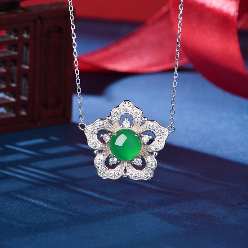 S925 Sterling Silver Flower Clover Necklace, 8mm Round Green Chrysoprase Pendant, Platinum Plated 45cm Chain, 4.5g Elegant Women's Jewelry Gift Set - IVOIRART.COM