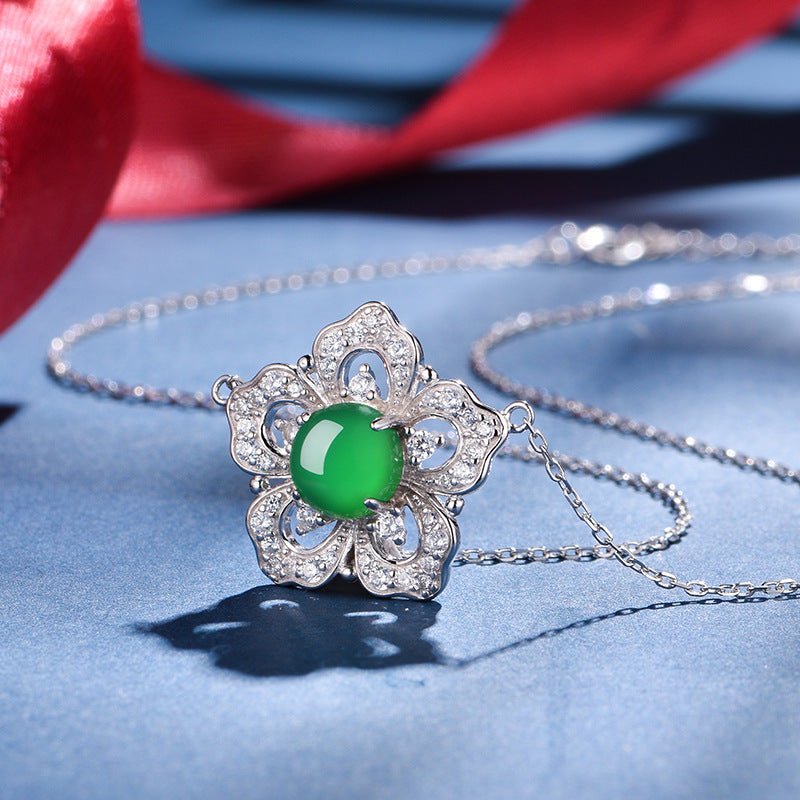 S925 Sterling Silver Flower Clover Necklace, 8mm Round Green Chrysoprase Pendant, Platinum Plated 45cm Chain, 4.5g Elegant Women's Jewelry Gift Set - IVOIRART.COM