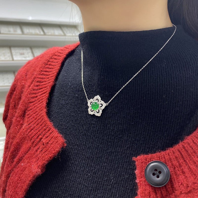 S925 Sterling Silver Flower Clover Necklace, 8mm Round Green Chrysoprase Pendant, Platinum Plated 45cm Chain, 4.5g Elegant Women's Jewelry Gift Set - IVOIRART.COM
