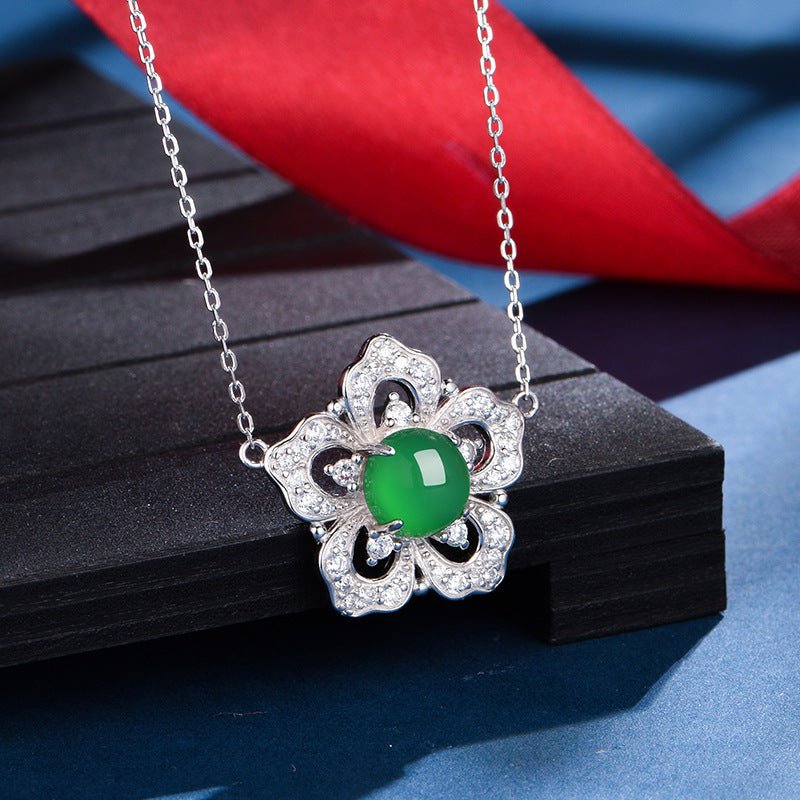 S925 Sterling Silver Flower Clover Necklace, 8mm Round Green Chrysoprase Pendant, Platinum Plated 45cm Chain, 4.5g Elegant Women's Jewelry Gift Set - IVOIRART.COM