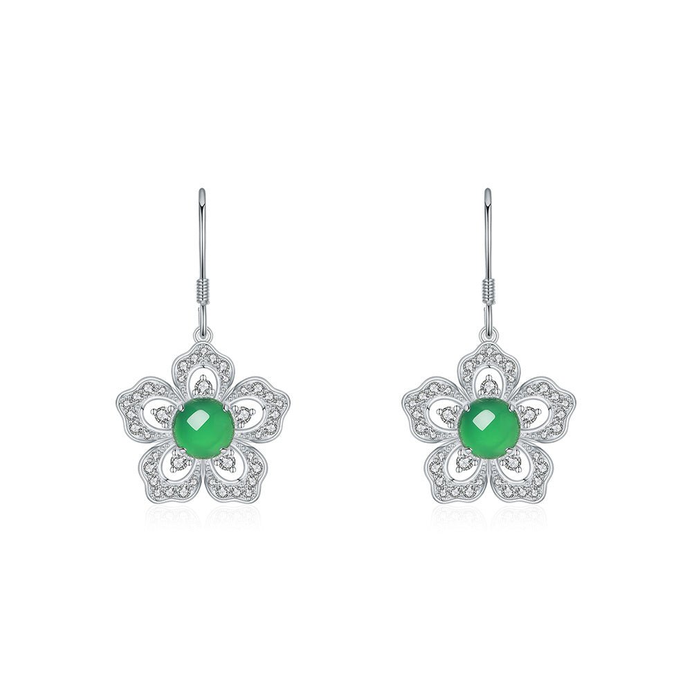 S925 Sterling Silver Flower Dangle Earrings, 6mm Round Green Chrysoprase, Platinum Plated Elegant Women's Jewelry With Gift Box - IVOIRART.COM