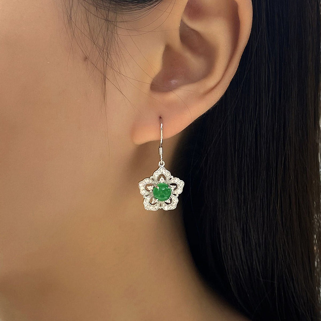 S925 Sterling Silver Flower Dangle Earrings, 6mm Round Green Chrysoprase, Platinum Plated Elegant Women's Jewelry With Gift Box - IVOIRART.COM