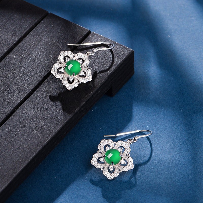 S925 Sterling Silver Flower Dangle Earrings, 6mm Round Green Chrysoprase, Platinum Plated Elegant Women's Jewelry With Gift Box - IVOIRART.COM