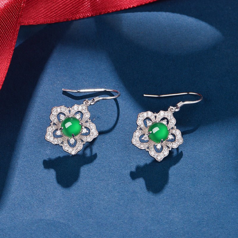 S925 Sterling Silver Flower Dangle Earrings, 6mm Round Green Chrysoprase, Platinum Plated Elegant Women's Jewelry With Gift Box - IVOIRART.COM