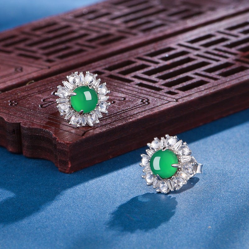 S925 Sterling Silver Flower Stud Earrings, 6mm Round Green Chrysoprase, Platinum Plated 3.2g Elegant Women's Jewelry With Gift Box Set - IVOIRART.COM