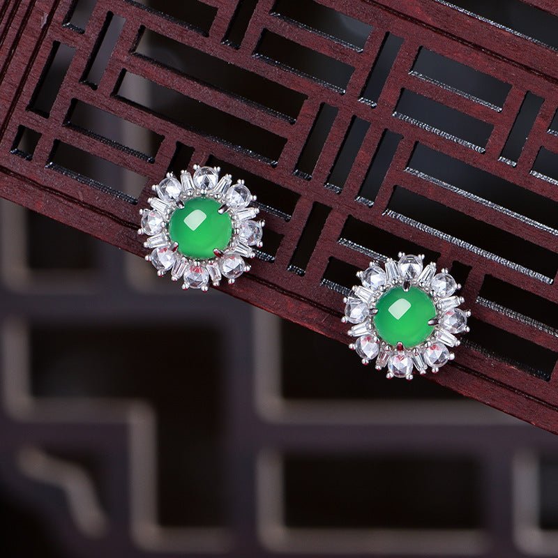 S925 Sterling Silver Flower Stud Earrings, 6mm Round Green Chrysoprase, Platinum Plated 3.2g Elegant Women's Jewelry With Gift Box Set - IVOIRART.COM