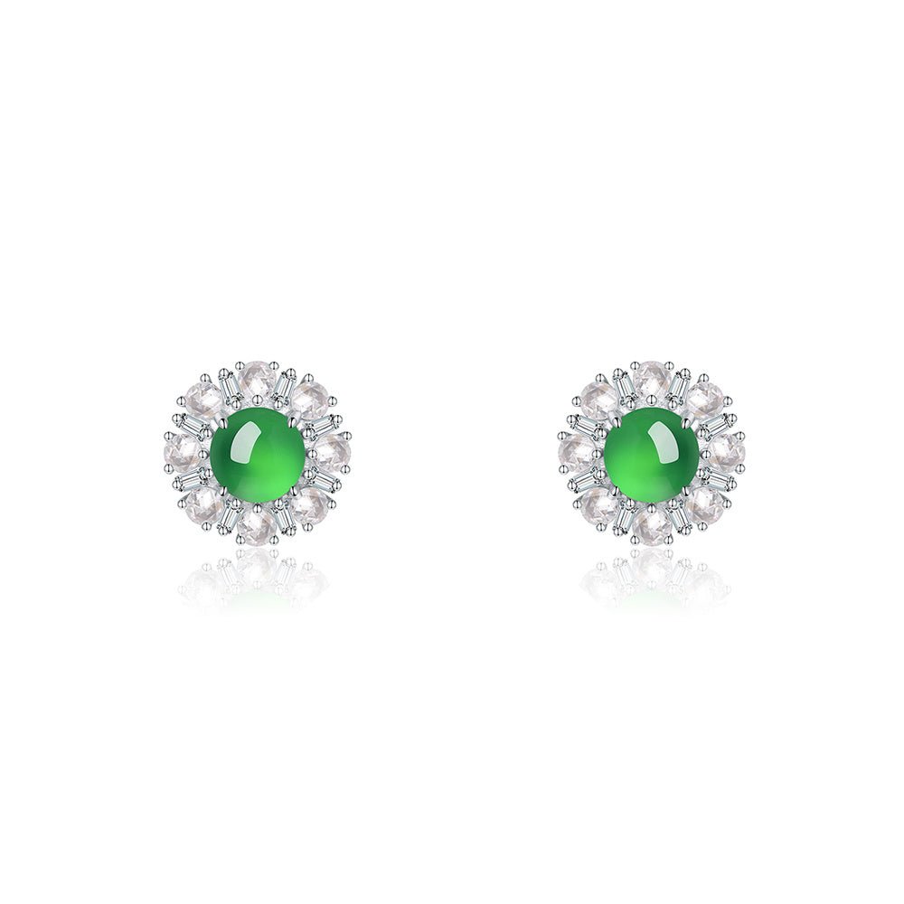 S925 Sterling Silver Flower Stud Earrings, 6mm Round Green Chrysoprase, Platinum Plated 3.2g Elegant Women's Jewelry With Gift Box Set - IVOIRART.COM
