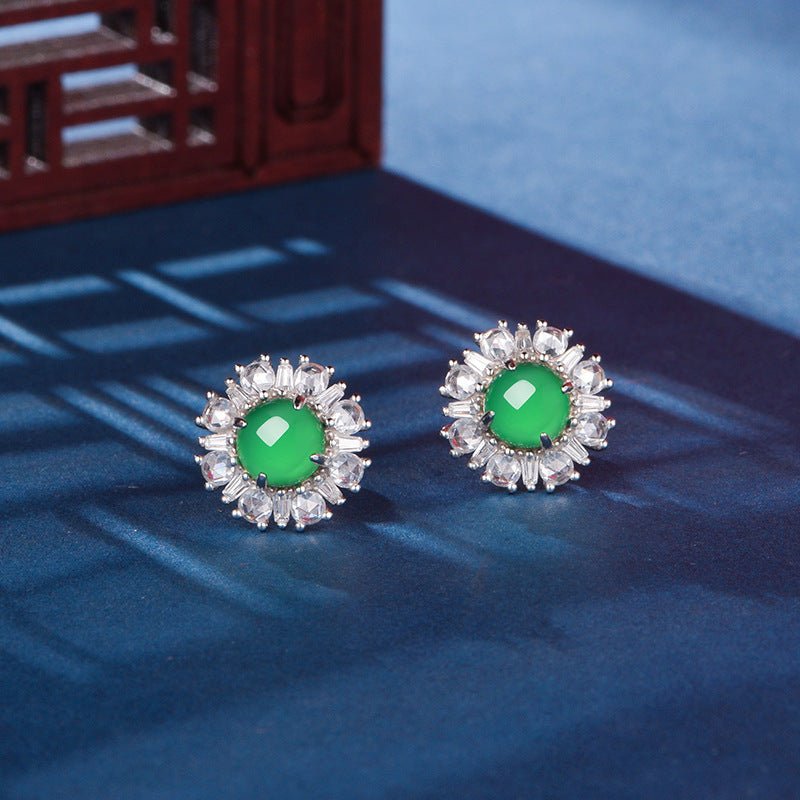 S925 Sterling Silver Flower Stud Earrings, 6mm Round Green Chrysoprase, Platinum Plated 3.2g Elegant Women's Jewelry With Gift Box Set - IVOIRART.COM