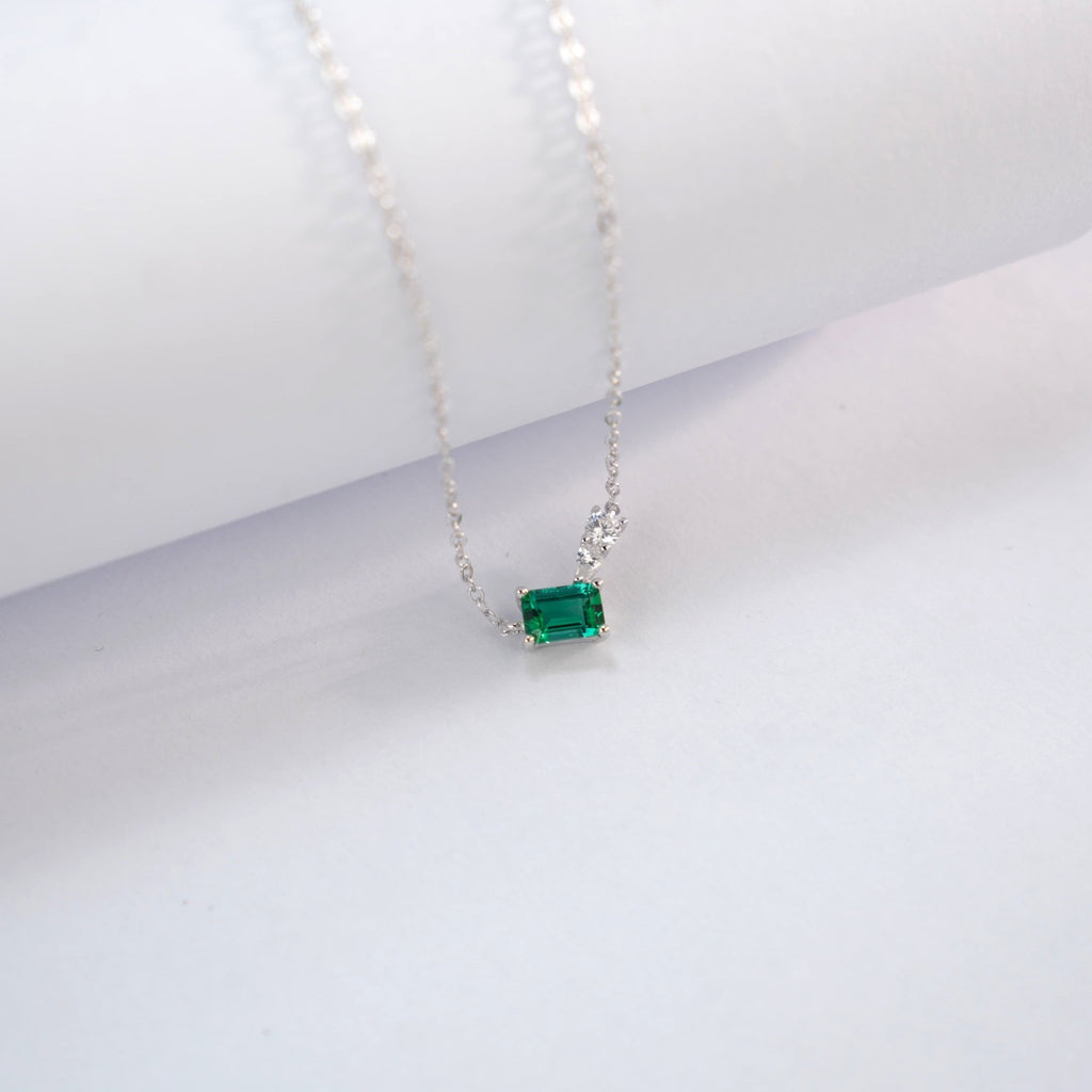 S925 Sterling Silver Geometric Necklace, 6x4mm Lab-Grown Ruby & Emerald, Platinum Plated Minimalist Chain, 2g Women's Jewelry Gift Box - IVOIRART.COM