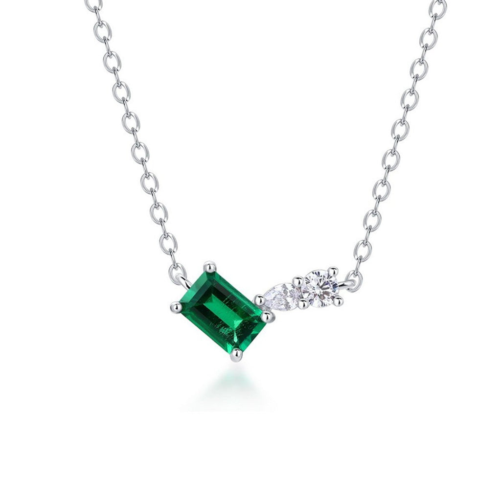 S925 Sterling Silver Geometric Necklace, 6x4mm Lab-Grown Ruby & Emerald, Platinum Plated Minimalist Chain, 2g Women's Jewelry Gift Box - IVOIRART.COM