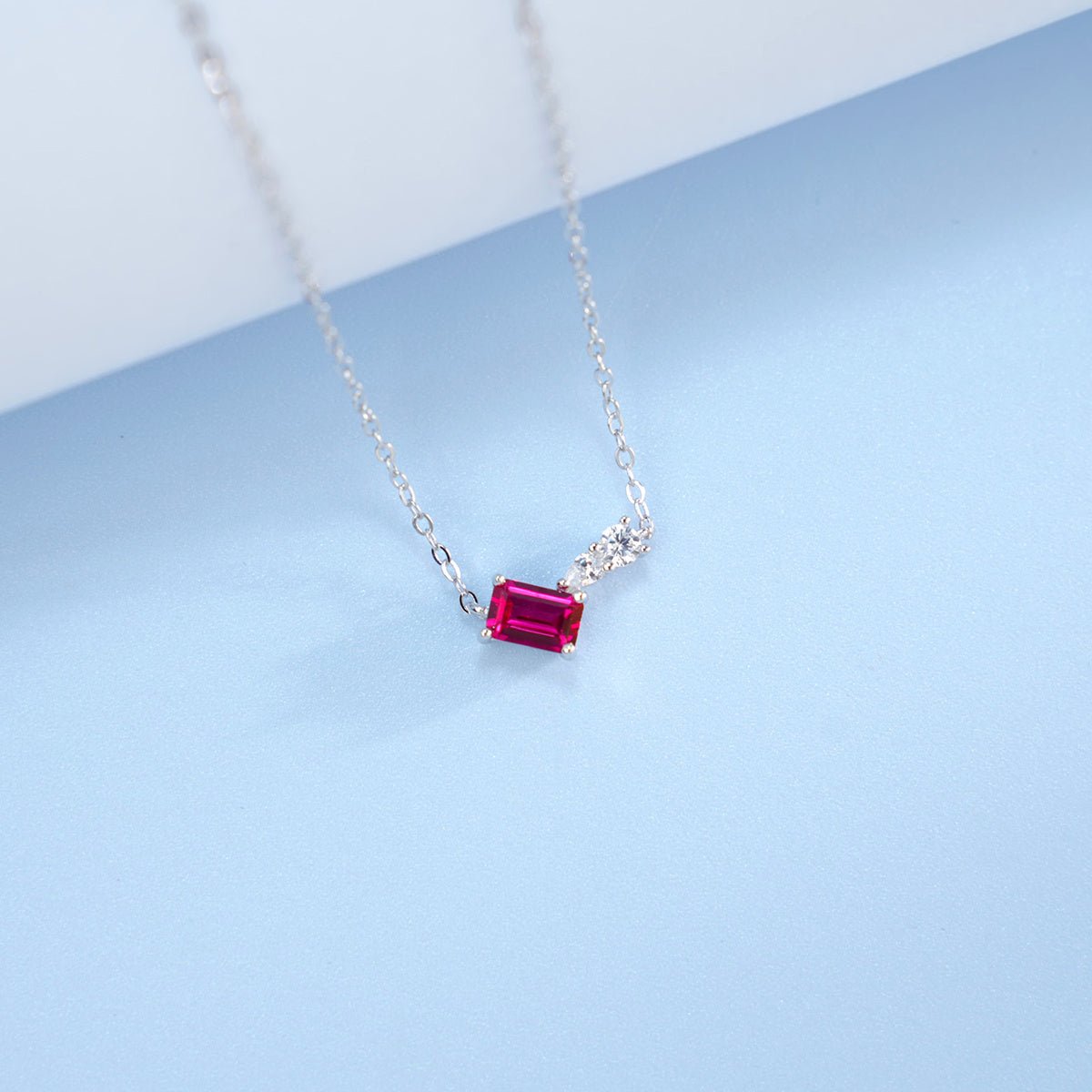 S925 Sterling Silver Geometric Necklace, 6x4mm Lab-Grown Ruby & Emerald, Platinum Plated Minimalist Chain, 2g Women's Jewelry Gift Box - IVOIRART.COM