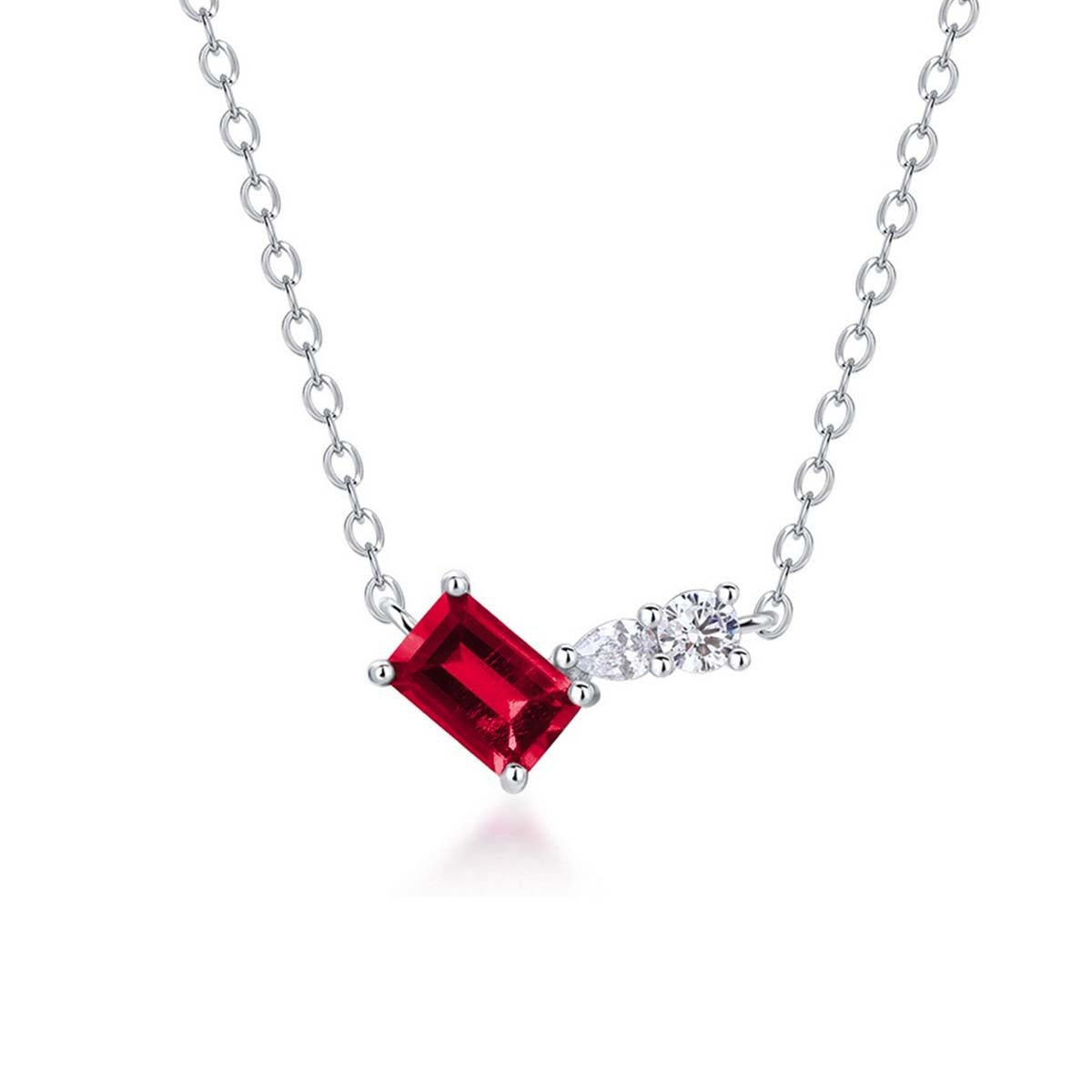 S925 Sterling Silver Geometric Necklace, 6x4mm Lab-Grown Ruby & Emerald, Platinum Plated Minimalist Chain, 2g Women's Jewelry Gift Box - IVOIRART.COM