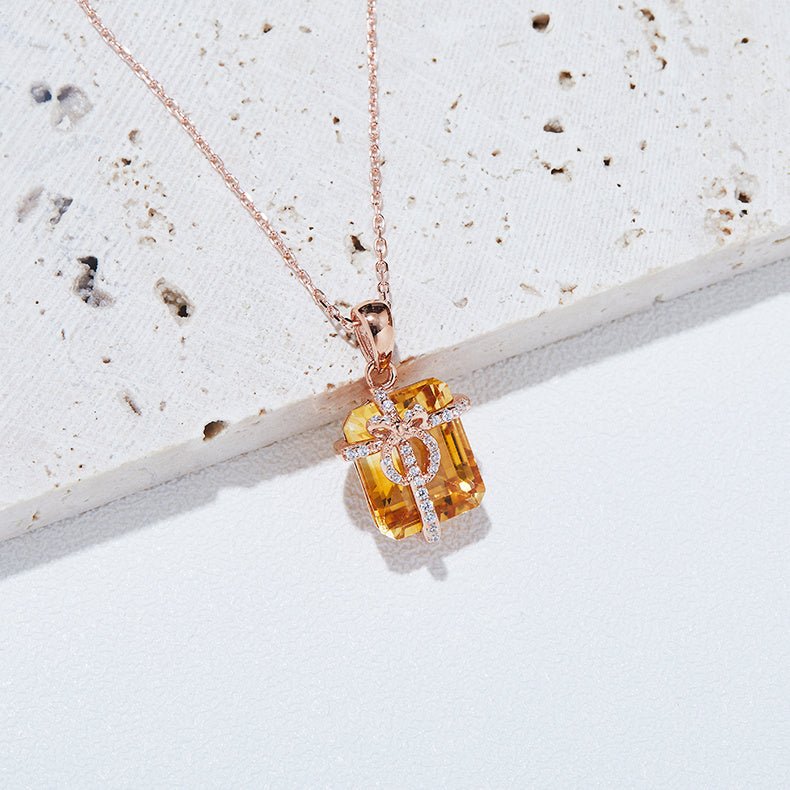 S925 Sterling Silver Gift Box Necklace, 12x10mm Natural Citrine Pendant, Platinum Plated Bowknot Design, 4g Women's Fine Jewelry With Gift Box - IVOIRART.COM