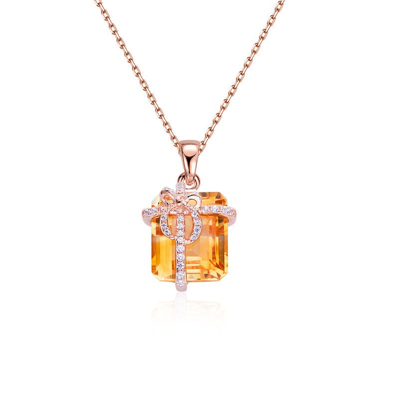 S925 Sterling Silver Gift Box Necklace, 12x10mm Natural Citrine Pendant, Platinum Plated Bowknot Design, 4g Women's Fine Jewelry With Gift Box - IVOIRART.COM