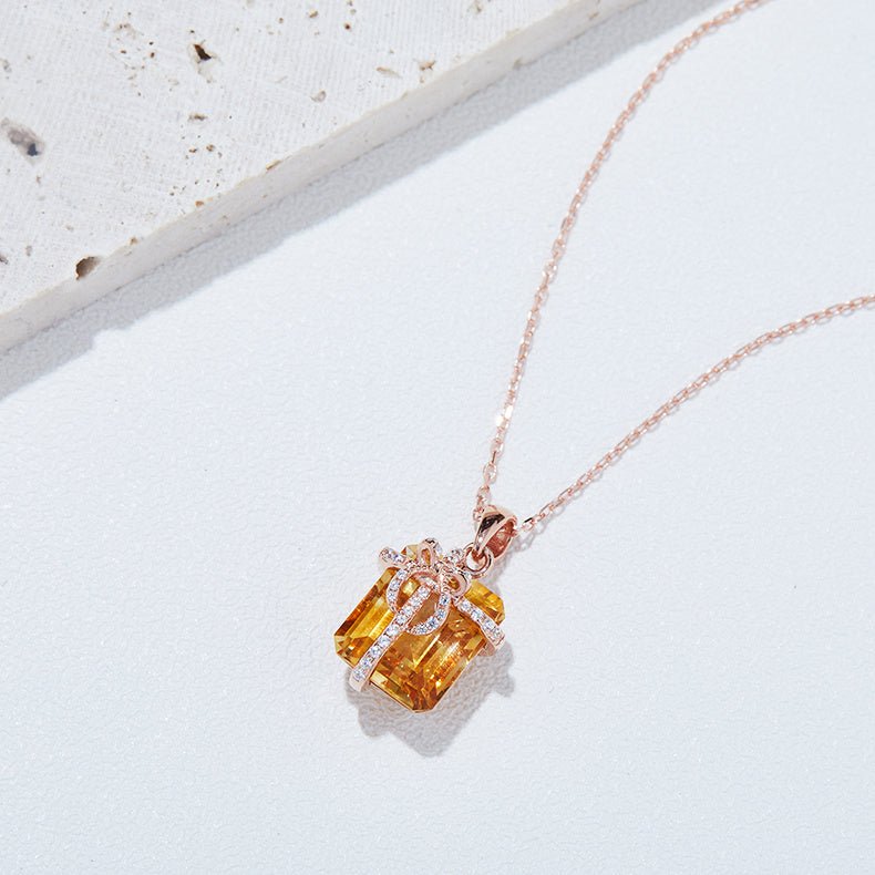 S925 Sterling Silver Gift Box Necklace, 12x10mm Natural Citrine Pendant, Platinum Plated Bowknot Design, 4g Women's Fine Jewelry With Gift Box - IVOIRART.COM