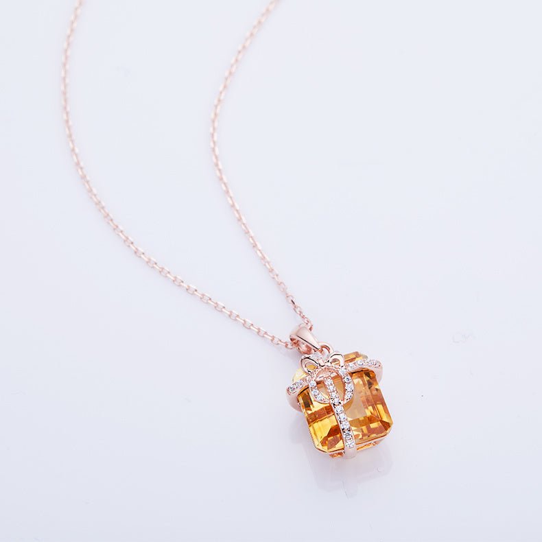 S925 Sterling Silver Gift Box Necklace, 12x10mm Natural Citrine Pendant, Platinum Plated Bowknot Design, 4g Women's Fine Jewelry With Gift Box - IVOIRART.COM