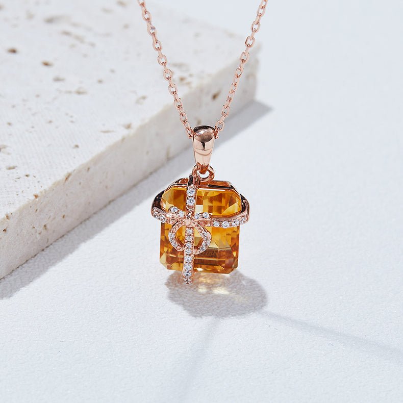 S925 Sterling Silver Gift Box Necklace, 12x10mm Natural Citrine Pendant, Platinum Plated Bowknot Design, 4g Women's Fine Jewelry With Gift Box - IVOIRART.COM