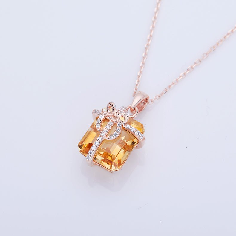 S925 Sterling Silver Gift Box Necklace, 12x10mm Natural Citrine Pendant, Platinum Plated Bowknot Design, 4g Women's Fine Jewelry With Gift Box - IVOIRART.COM