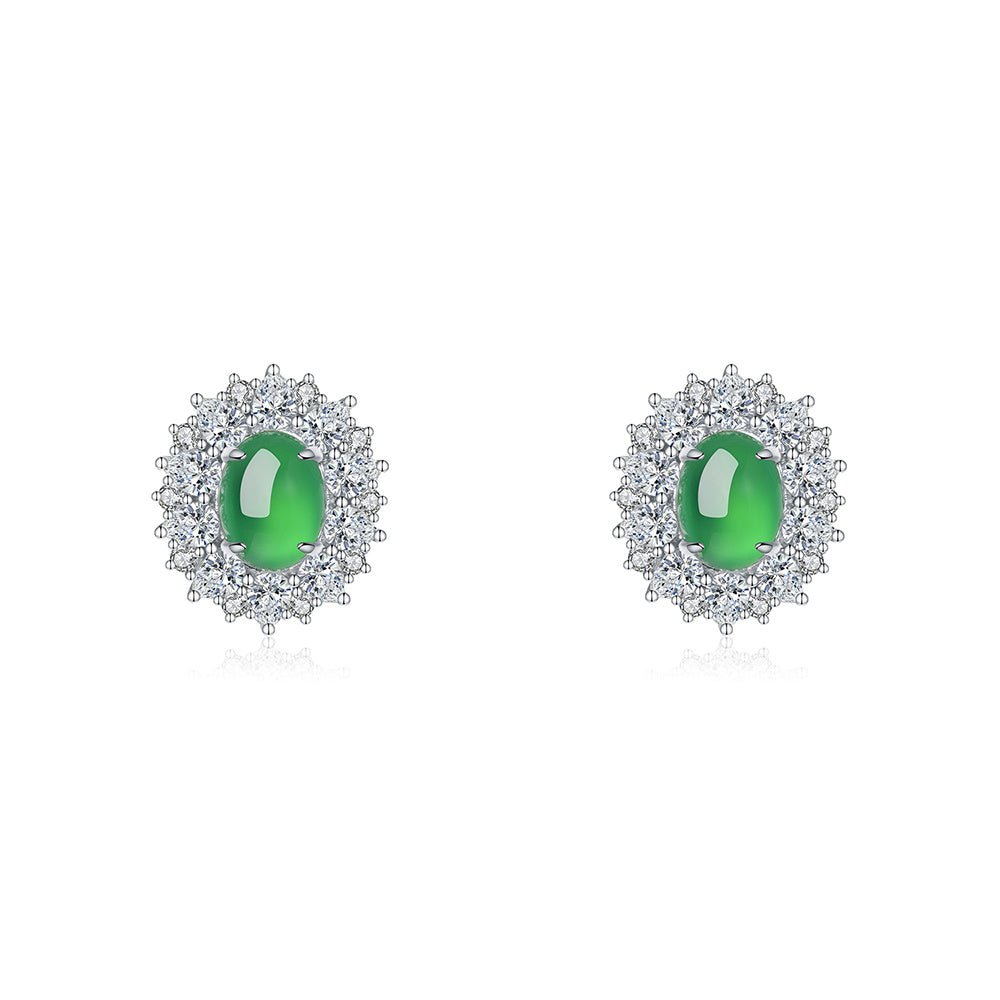 S925 Sterling Silver Halo Stud Earrings, 9x7mm Oval Green Chrysoprase, Platinum Plated 6.6g Elegant Earrings With Fashion Gift Box - IVOIRART.COM