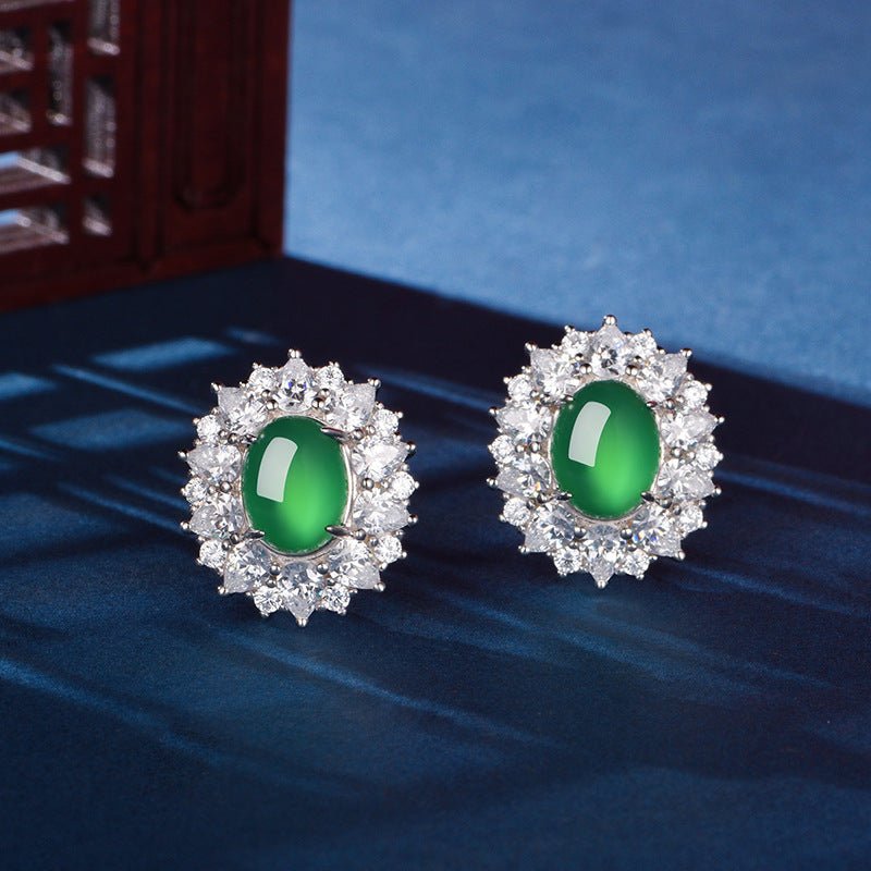 S925 Sterling Silver Halo Stud Earrings, 9x7mm Oval Green Chrysoprase, Platinum Plated 6.6g Elegant Earrings With Fashion Gift Box - IVOIRART.COM