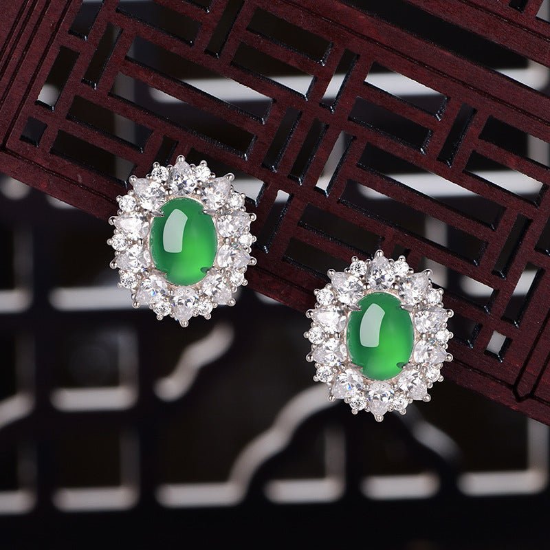 S925 Sterling Silver Halo Stud Earrings, 9x7mm Oval Green Chrysoprase, Platinum Plated 6.6g Elegant Earrings With Fashion Gift Box - IVOIRART.COM