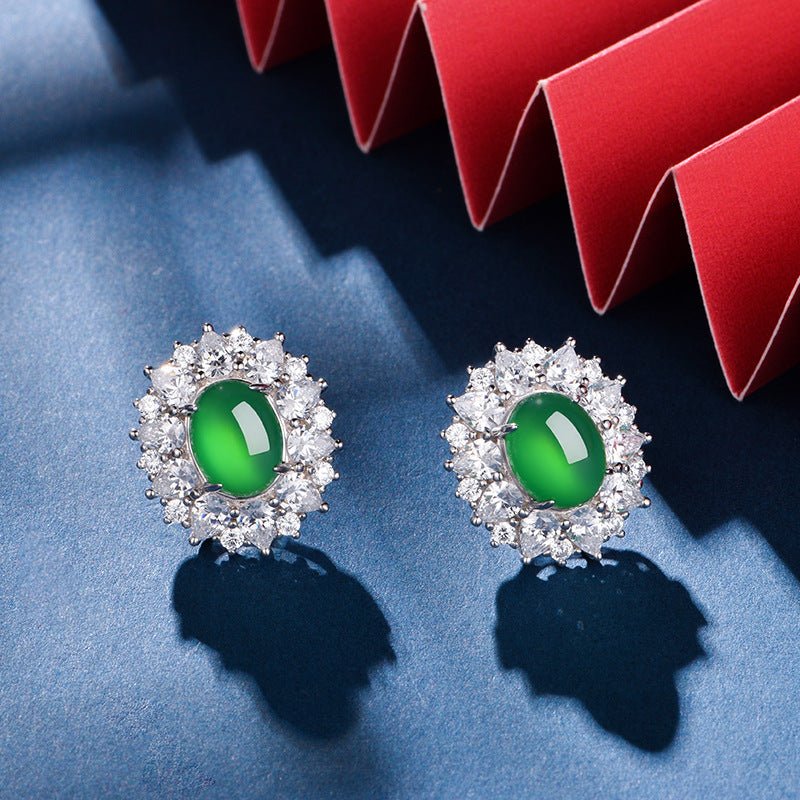 S925 Sterling Silver Halo Stud Earrings, 9x7mm Oval Green Chrysoprase, Platinum Plated 6.6g Elegant Earrings With Fashion Gift Box - IVOIRART.COM