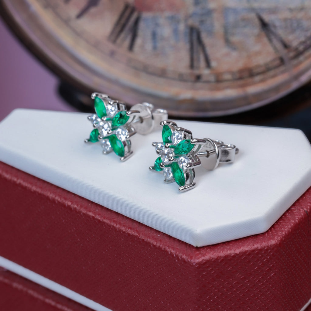 S925 Sterling Silver Lab-Grown Emerald Flower Stud Earrings, 4x2mm Marquise Cluster, Platinum Plated 1.4g, Women's Jewelry Gift Box - IVOIRART.COM