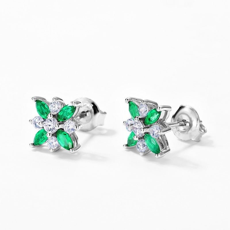 S925 Sterling Silver Lab-Grown Emerald Flower Stud Earrings, 4x2mm Marquise Cluster, Platinum Plated 1.4g, Women's Jewelry Gift Box - IVOIRART.COM