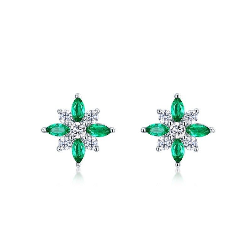 S925 Sterling Silver Lab-Grown Emerald Flower Stud Earrings, 4x2mm Marquise Cluster, Platinum Plated 1.4g, Women's Jewelry Gift Box - IVOIRART.COM