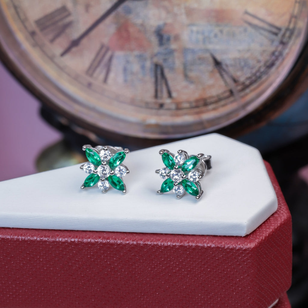 S925 Sterling Silver Lab-Grown Emerald Flower Stud Earrings, 4x2mm Marquise Cluster, Platinum Plated 1.4g, Women's Jewelry Gift Box - IVOIRART.COM