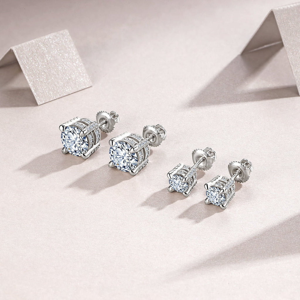 S925 Sterling Silver Moissanite Stud Earrings, 0.5&2ct D-VVS1 4-Prong Basket Pave With Screw Backs, GRA Certificate Gift Box - IVOIRART.COM