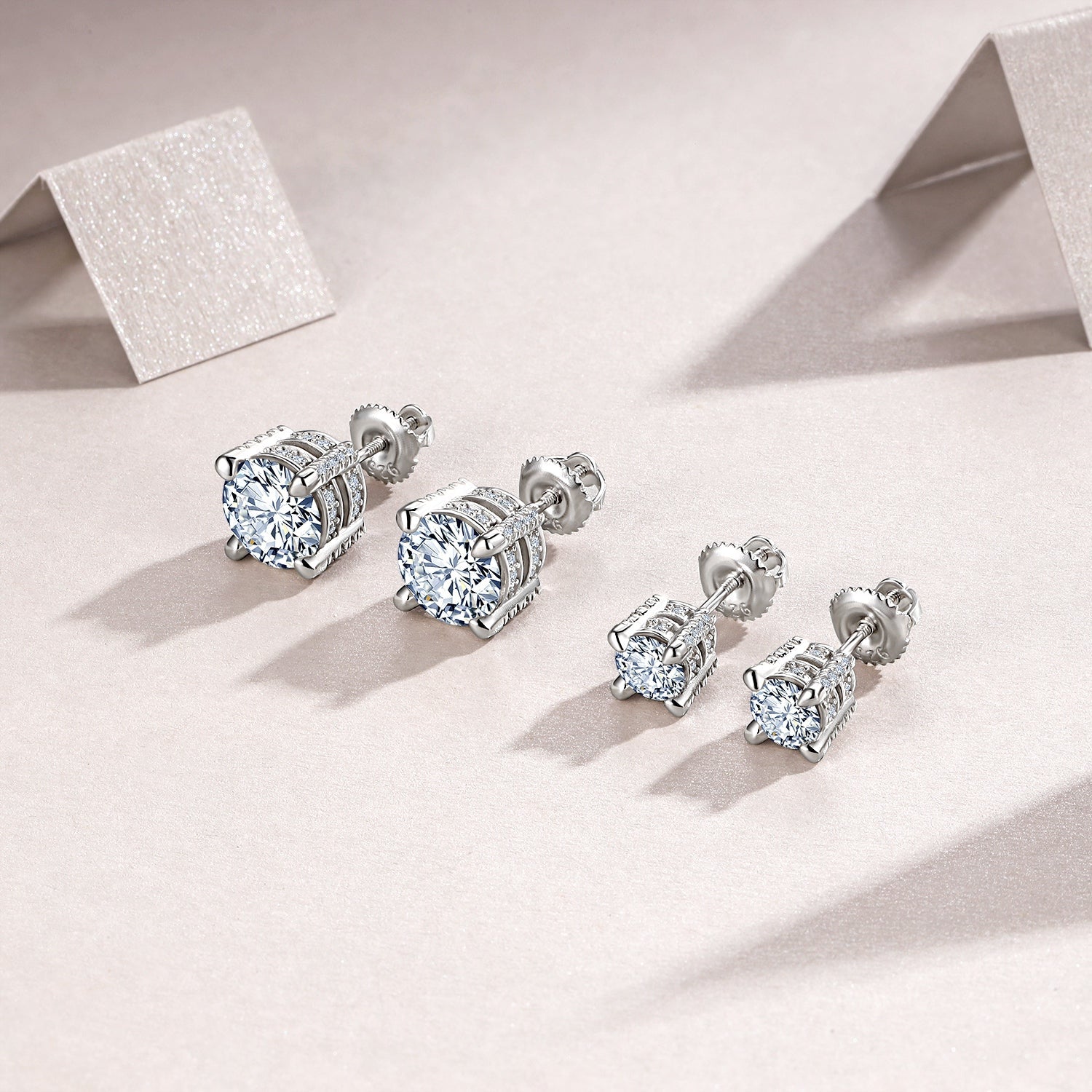S925 Sterling Silver Moissanite Stud Earrings, 0.5&2ct D-VVS1 4-Prong Basket Pave With Screw Backs, GRA Certificate Gift Box - IVOIRART.COM